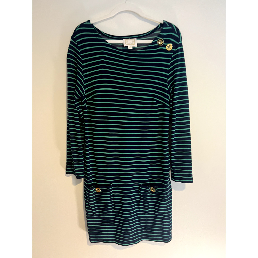 SAIL TO STABLE Nautical Green and Navy Shift Dress Coastal Boat Size Medium